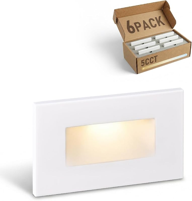 LEONLITE Paquete de 6 luces LED para escalones de 5 CCT y 120 V, horizontales, blancas | 150LM, 5%-100% regulable, CRI90, ETL, luces de escalera para interiores y exteriores, ubicación húmeda, 2700K/3000K/3500K/4000K/5000K, aluminio