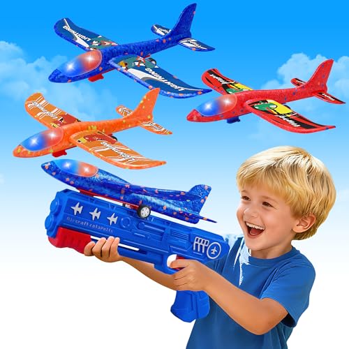 LJZJ 3 Pack Airplane Launcher Toys, 2 Flight Modes LED Foam Glider Catapult Plane, Outdoor Flying...