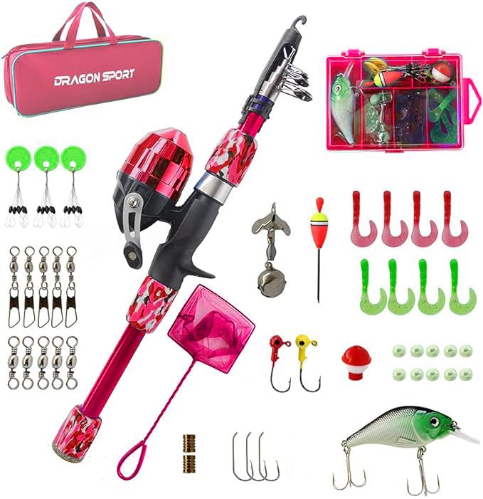 Kids Fishing Pole Spincast Youth Fishing Pole Tackle Box - with Net,Travel Bag,Rod and Reel Kit for Boys and Girls, Youth or Beginner’s