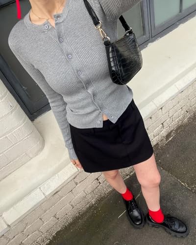 Image of Cioatin Women Long Sleeve Button Up Ribbed Knit Crop Cardigan Y2K Slim Fit Round Neck Sweater Tshirt Fall Going Out Tops