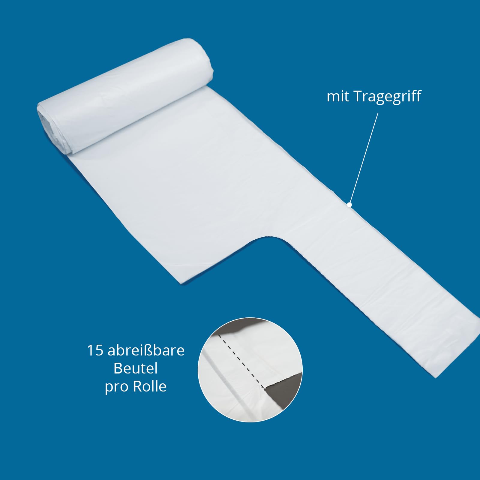 HDPE Müllbeutel 650x1000 mm weiß mit Tragegriff 60 l 600 Stück (40x15 Stück)