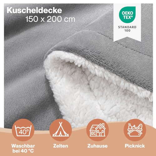 Blumtal Premium Sherpa Kuscheldecke flauschig 150x200 cm - Oeko-Tex zert. Sofa Decke mit Dicker Sherpa-Innenseite - super Flauschige Decke extra dick und wärmend - Wohn- & Kuscheldecken - Grau