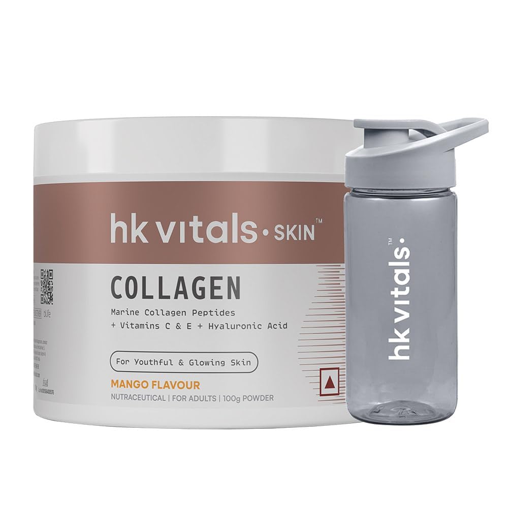 HealthKart HK Vitals Skin Radiance Collagen Powder, Marine Collagen (Mango, 100 g), Collagen Supplements for Women & Men with Biotin for Healthy Skin, Hair & Nails with Sipper Bottle (Teal, 300 ml)