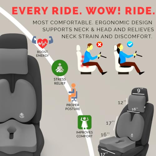 Image of MRRON Memory Foam Posture Corrector Car Seat Cushions Combo | Orthopedic Backrest, Coccyx Cushion & Neckrest | Ergonomic Lumbar Comfort Seat Cushion | Reduces Sciatica, (Grey, Backpro)