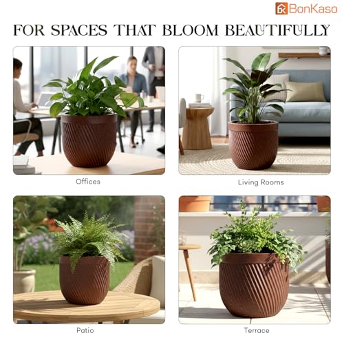 Image of Bonkaso 10 Inch Seltos Ribbed Planter for Indoor & Outdoor Use | Round Heavy Duty Polymer Flower Pot | Lightweight Weather Resistant Modern Gamla for Living Room Balcony & Terrace (Brown)