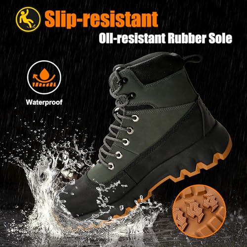 Image of Mens Work Boots Composite Toe Boots for Men Genuine Leather Rubber Sole No Slip Waterproof Shoes Industrial & Construction Safety Boots