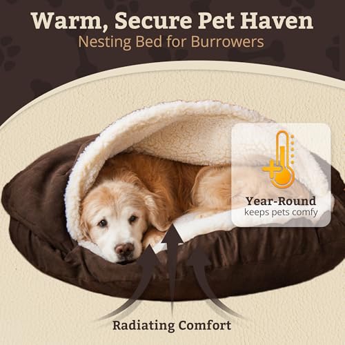 Image of Snoozer Cozy Cave Dog Bed, Round Covered Dog Bed, Hot Fudge (S)