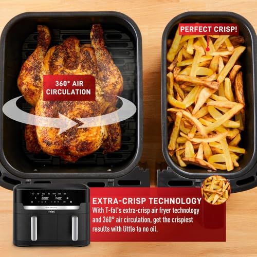 T-fal XXL Dual Air Fryer, 11.6 Quart, 7 in 1 cooking programs, dual basket air fryer, airfryer, extra crisp, roast, bake, reheat, dehydrate, sync mode, Dishwasher Safe components, Black by T-Fal - Image 7