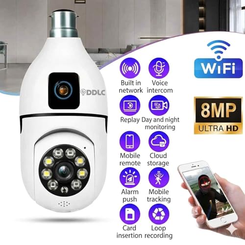 Image of DDLC 4MP /8MP Dual Lens WiFi CCTV Camera for Home | 1080p Full HD | Night Vision | Motion Detection | Two Way Audio | Wireless Home Security Camera with Mobile App V380 Pro (Dual Lens Light Bulb)