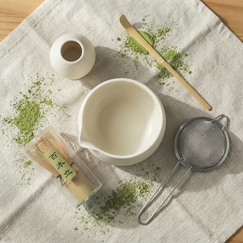 Marjoramy Matcha-Set, Matcha-Schale mit Ausguss, Matcha-Besen, Matcha-Löffel, 5-teiliges Keramik Matcha Sets, Bambus-Matcha-Rührer-Set, Hochwertiges Matcha-Zubehör für Matcha-Liebhaber (B)