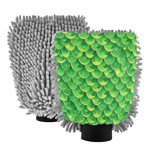 STAYTOP Beautiful Green Mermaid Scales Car Wash Mitt Microfiber, 2Pcs Scratch Free Lint-Free, Premium Chenille Microfiber Mitt Car Wash Brush-L