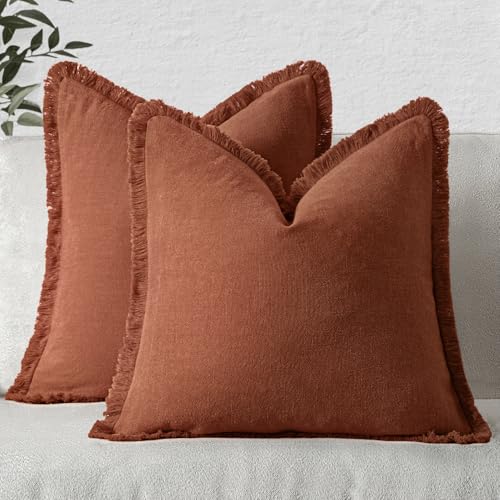 Image of MIULEE Decorative Throw Pillow Covers Neutral Linen Fringe Throw Pillows Set of 2 Late Autumn Boho Farmhouse Cushion Covers for Couch Sofa Bed Living Room Fall Home Decor 18x18 Inch