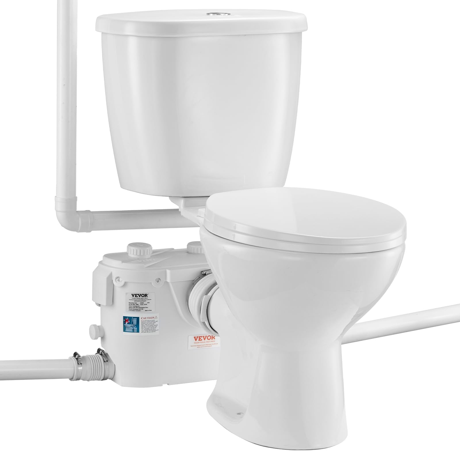VEVOR Inodoro Sanitario Potente Bomba de Elevación de 500 W Sistema de Inodoro Compacto con Descarga Trasera e Inodoro de Descarga, 3 Entradas, para Eliminación Aguas Residuales, Sótano, Blanco