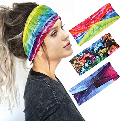 DRESBE Boho Wide Headbands Yoga Hair Bands Stretchy Workout Head Scarfs Elastic Bandeau Hair Accessories for Women and Girls(Pack of 3) (Green)