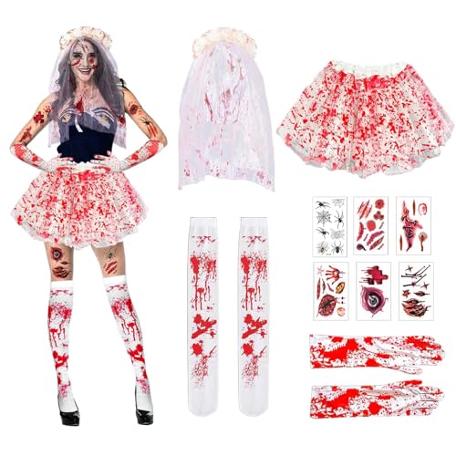 Costume d'Halloween Femme Sang, 12 Pièces Deguisement Zombie Femme Accessoires, Jupe Tutu...