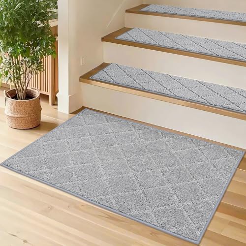 COSY HOMEER Edging Stair Treads Non-Slip Corner Indoor Stair Runners for Wooden Steps,Landing Slip Resistant Stair Rugs for Kids and Dogs, 100% Polyester TPE Backing,Grey,20'X32'