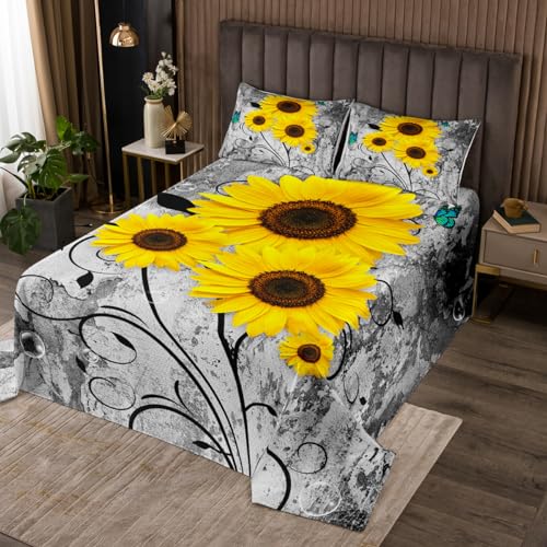 Castle Fairy Yellow Sunflowers Bedspread King Size,Blue Butterfly Floral Theme Coverlet Set for Children Adult,Retro Grey Wall Print Bedding Set with 2 Pillowcaes, Polyester Quilted