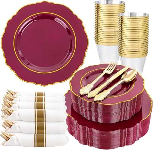 Liacere 350PCS Red Plastic Plates-Disposable Burgundy Red and Gold Plates 50guest Baroque Plastic Dinnerware include 100Plates 50Pack Pre Rolled Napkins with Silverware 50Cups for Party & Wedding