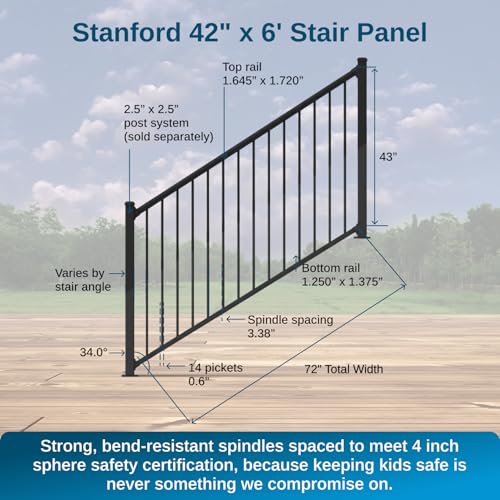 Image of Weatherables 42 in. H x 6 ft. W Stanford Stair Railing Kit - Aluminum Porch & Deck Railing Kit with Black Powder-Coated Finish, Adjustable Outdoor Hand Rail Kit