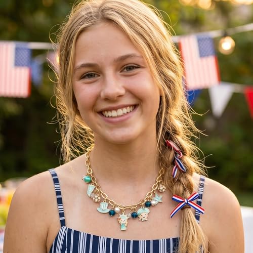 Image of Madison Tyler 4th of July Necklace for Women | American Statue of Liberty Heart Star Uncle Sam Hat USA Bead Pandent Necklace | Independence Day Patriotic Earring Necklace Jewelry Set