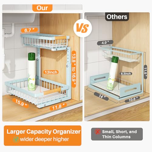 Image of PXRACK Under Sink Organizer, Adjustable Height, 2 Tier Pull Out Under Cabinet Organizer, Slide Out Thickened Metal Under Sink Storage for Kitchen Bathroom Laundry Pantry Cabinet, Blue, Large-1-Pack
