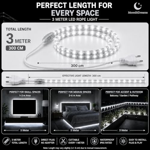 Image of MoonlitDreams 3 Meter LED Rope Light for Decoration - Waterproof White SMD Cove Light for Ceiling, Home Decor, LED Pipe Light for Diwali, Festival, Indoor, Outdoor Use