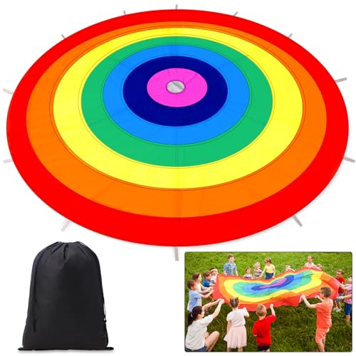 DaisyInner 12 Ft Parachute Toy with Handles Rainbow Parachute with Storage Bag Gym Parachute Play for Speed Training Outdoor Cooperative Team Games Playground Activities