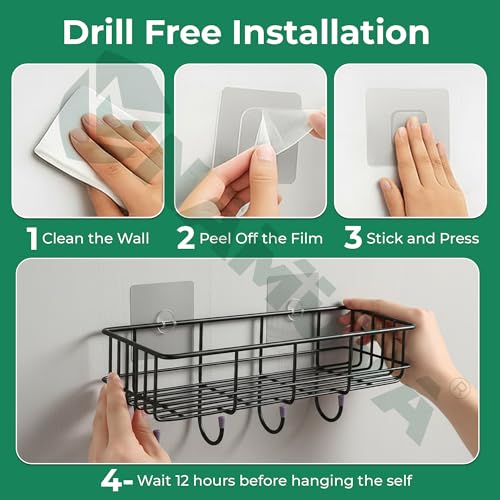 Image of NAMUVA Stainless Steel Bathroom & Kitchen Shelf with 4 Hooks | Self Adhesive Wall Mounted Organizer Rack Black Rust Proof Storage Drill Free Space Saving Holder for Bathroom Home - Pack of 1 CED