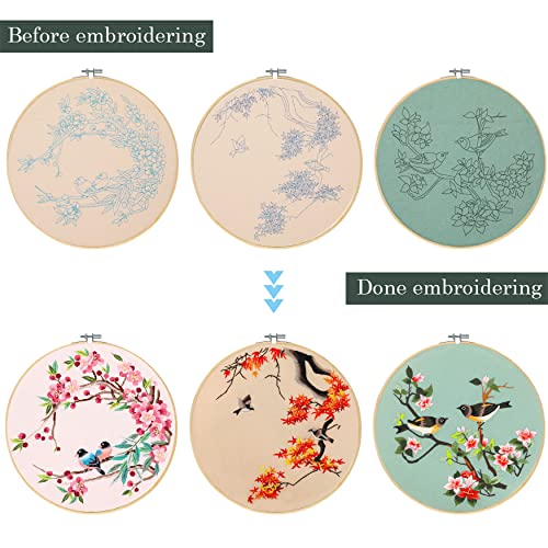 Image of Santune 3 Pack Embroidery Kit for Adults Cross Stitch Kits for Beginners with Bird Patterns,3 Instructions,1 Hoop,Threads and 6 Needles,Hand Needlepoint Sets for Women