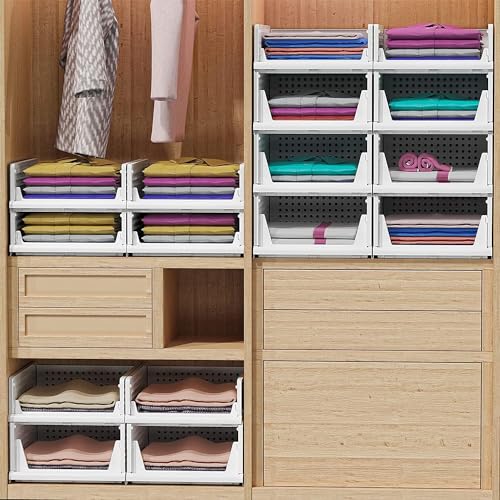 Image of RAYMOX Polypropylene 4 Pieces Wardrobe Organizer for Storage | Foldable & Stackable Closet Basket | Cupboard Organizer for Clothes | Space Saver for Kitchen (White)