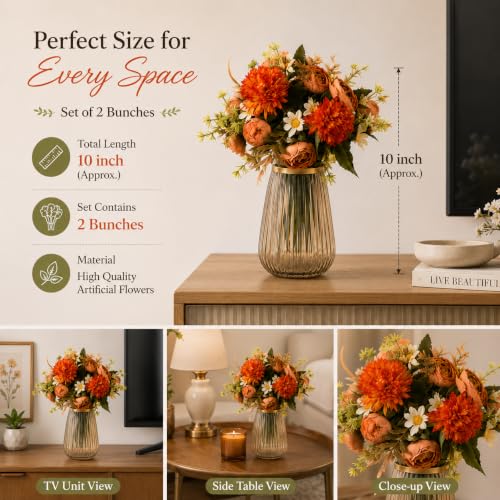 Image of CURATED CART Artificial Flowers 2 Bunches - 9 Mixed Flower Heads Each - Roses, Daisies & Chrysanthemums - Faux Flowers for Vases, Home Decor, Office, Parties (Orange) (No Vase)