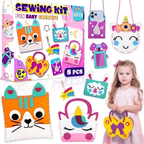 Sofier Beginner Sewing Kit for Kids 8 Pack Cute Felt DIY Crafts Arts and Crafts for Girls Animal Purse Bags Birthday Christmas Gift Idea Cover