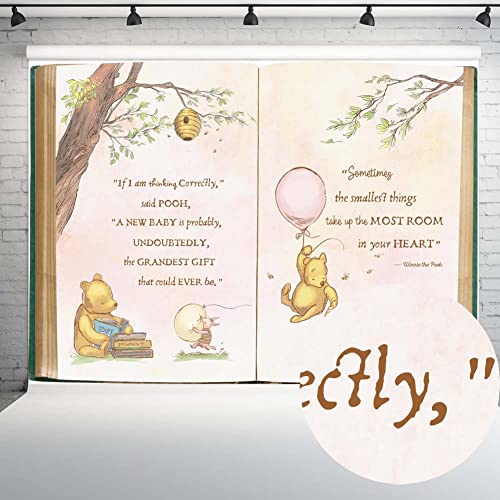 Vintage Pooh Bear Baby Shower Backdrop for Girl Retro Giant Book Spring Tree Classic Background Newborn Quote Pink Yellow Tinge Banner 8x6 ft