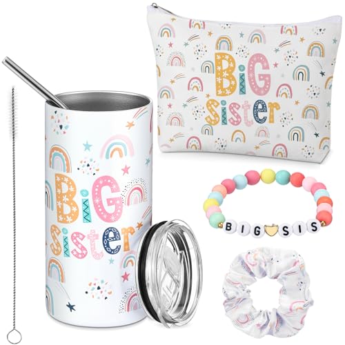 Image of Sieral 4 Pcs Big Sister Gifts for Girls Cute Big Sister Makeup Bag 14oz Stainless Steel Tumbler Scrunchies Bracelet for Little Girls of Age 2-8 New Baby Birthday Baby Shower (Rainbow, Multicolor)