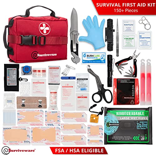 SURVIVEWARE Survival First Aid Kit, Removable MOLLE Compatible System, Emergency Bag for Camping, Hiking, Hurricane and Natural Disaster Preparedness, 180 Pieces, Red