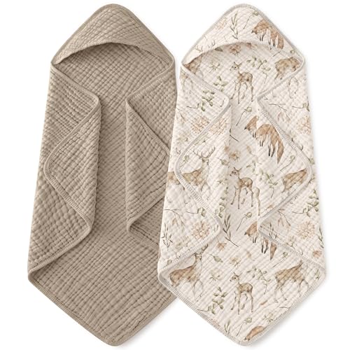 Image of Yoofoss Hooded Baby Towels for Newborn 2 Pack 100% Muslin Organic Cotton Baby Bath Towel with Hood for Babies, Infant, Toddler and Kids, Large 32x32Inch, Soft and Absorbent Newborn Essential