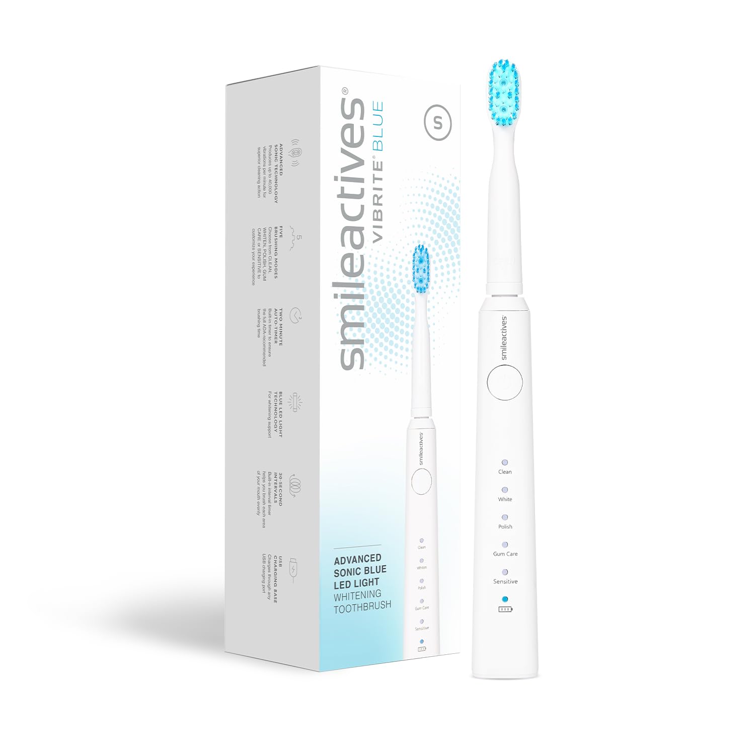 Smileactives Vibrite Sonic Power Electric Toothbrush Teeth Whitening Gum Care Blue LED Light for Oral Health Rechargeable Toothbrush