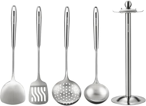 Juego de utensilios de cocina de 5 piezas, juego de utensilios de cocina de acero inoxidable 18/8 con soporte giratorio (apto para lavavajillas)
