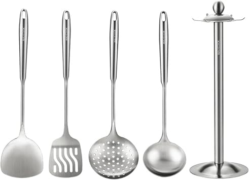 Cooking Utensils set 18/8 Stainless Steel 5 Pcs, Dishwasher Safe | Kitchen Utensil Set with Rotating Holder