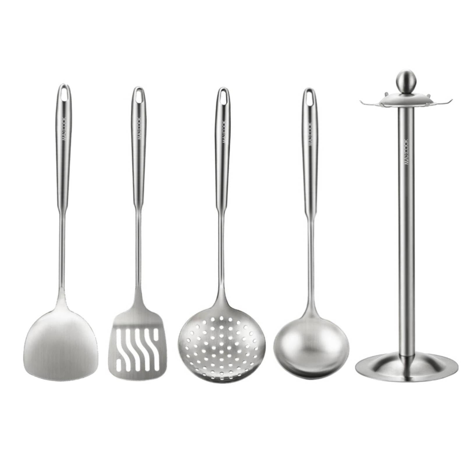 5-teiliges Kochutensilien-Set, 18/8 Edelstahl, Küchenhelfer-Set mit drehbarem Halter (spülmaschinenfest)
