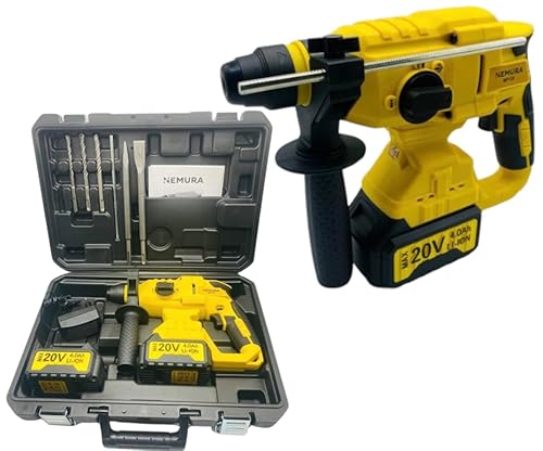 Nemura Marteau Perforateur Électrique Sans Fil 20V - 3en1 Perçage, Perçage au Marteau et Ciselage - avec Accessoires : 1 Malette + 2 Batteries 4Ah Li-Ion + 1 Chargeur - Marque Française