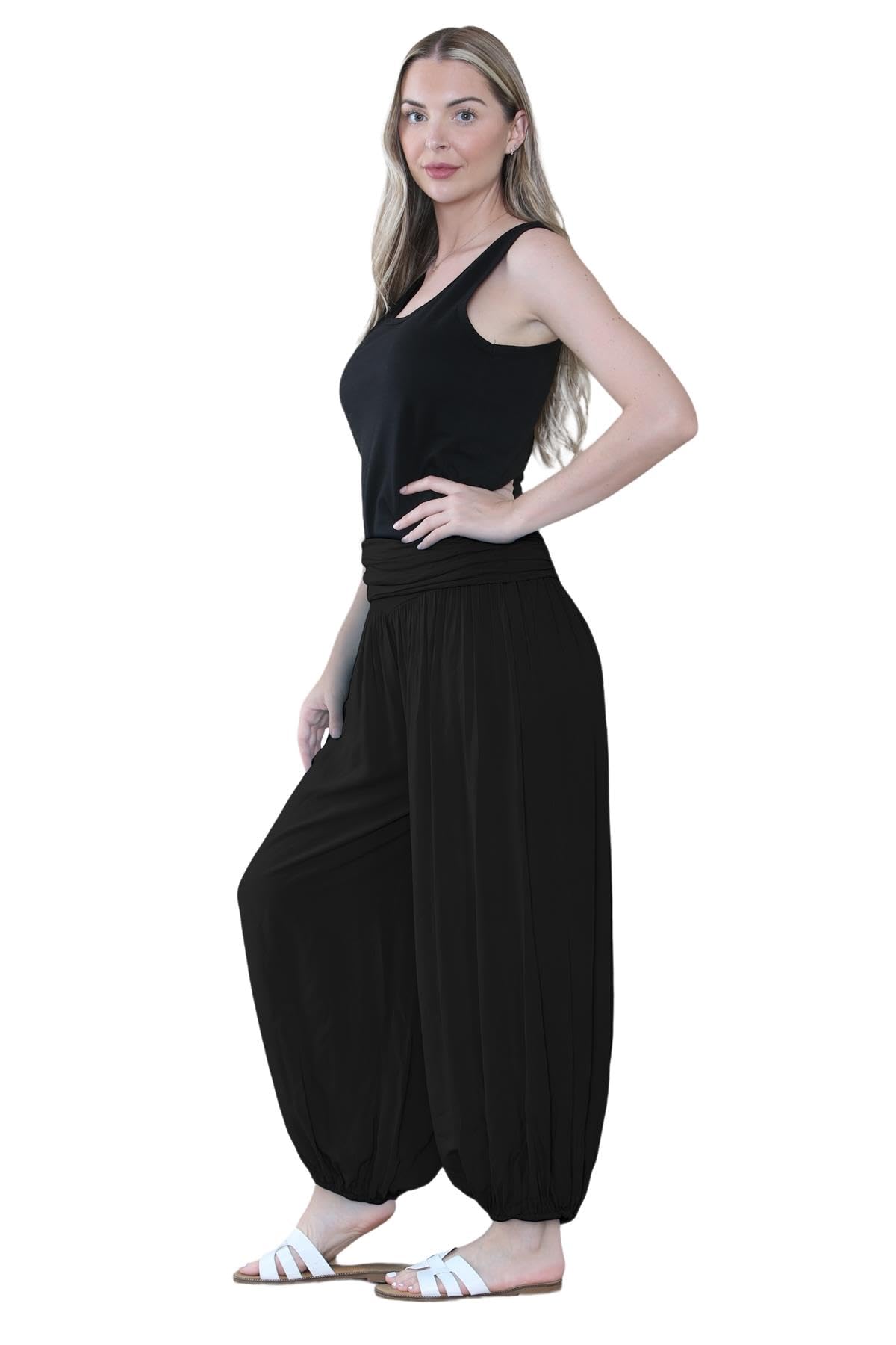 Pantaloni harem larghi da donna italiani Alibaba, comodi ed eleganti, vestibilità larga, pantaloni harem da donna UK | Pantaloni estivi perfetti per le donne UK, Nero , Taglia unica