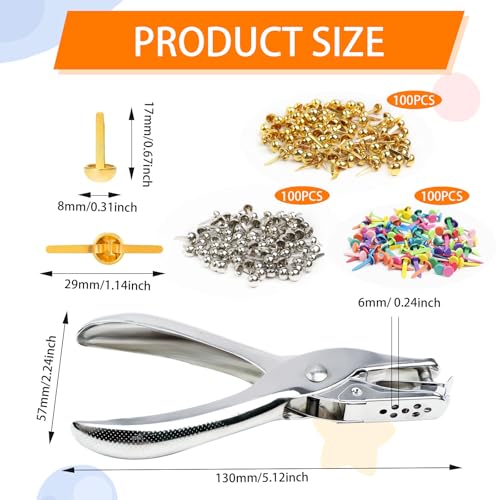 300 Bunt Musterklammern - Rundkopfklammern mit Lochzange, Goldene Silber Farbe Kopfklammern, Mini Brads Papier Verschlüsse, Mehrfarbiges Metall Musterklammern Papierverschlüsse für Scrapbook Handwerk