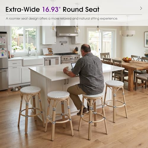 Image of PURPLE LEAF Outdoor French Round Bar Stool Set of 2 Backless 30 inch Oversized Handwoven Rattan Barstools with White Print Aluminum Frame for Bistro Kitchen Island Yard Pool White and Black