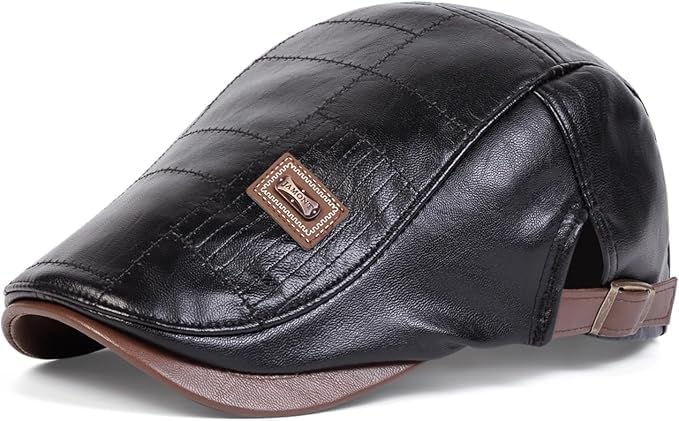 Men’s PU Leather Newsboy Hat – Adjustable Ivy Flat Cap with Patch Detail, Classic Beret for Casual & Outdoor Wear
