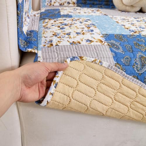 Image of HOMETHREADS Premium Style Anti Slip Sofa Cover Set | Cotton Sofa Slipcover | 1Pc Front Cover with Attached Armrest + 1Pc Back Cover (Blue White Sqr, 4 Seater | 200x185cm)