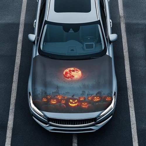 Image of Cemetery Graveyard Pumpkin Print Car Hood Cover Stretchable Auto Hood Wrap Blankets Waterproof Automotive Halloween Outdoor Decorations for Compact Sedans SUV Trucks Van