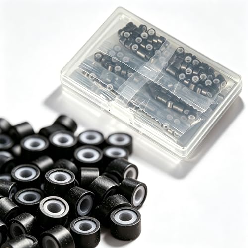 HANDWIG 200PCS 5mm Micro Ring Beads Invisible No Hurt No Slide Pro-Grade Aluminum Soft Silicone Fadeless Salon-Tested for I-Tip Hair Tinsel Black Beads for Thin Hair DIY Salon