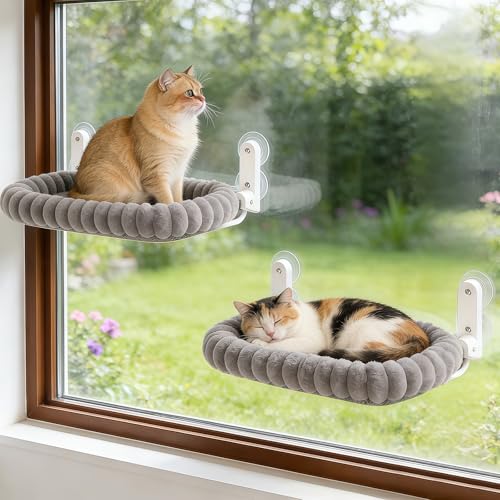 Image of Zoratoo 2PC Cat Window Perch with Bolster Foldable Cat Hammock Cushion Bed for Window with Metal Frame, Cloud-Cuddle Cordless Window Resting Seat for Indoor Cats (Cushion Bed, Gray-M)