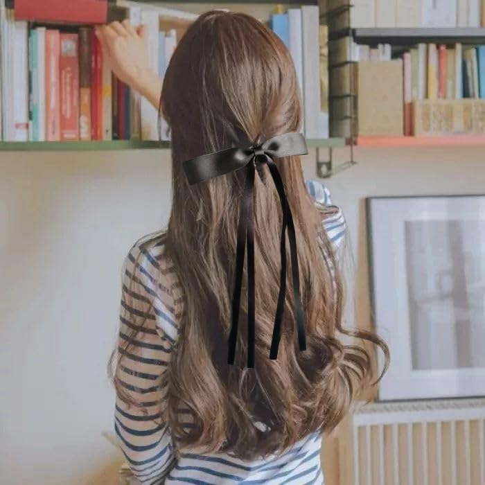 Miniatura 6 de Hjiaruiky Lazos para el pelo para mujer, lazos para el pelo para mujer, pinzas para el pelo con lazo, pinzas para el pelo de satén fino negro,